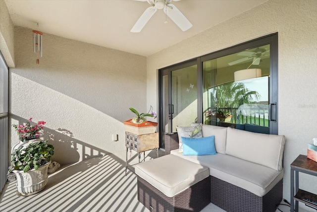 balcony featuring ceiling fan