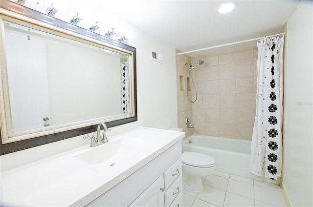 full bathroom featuring shower / bath combination with curtain, tile patterned floors, toilet, and vanity