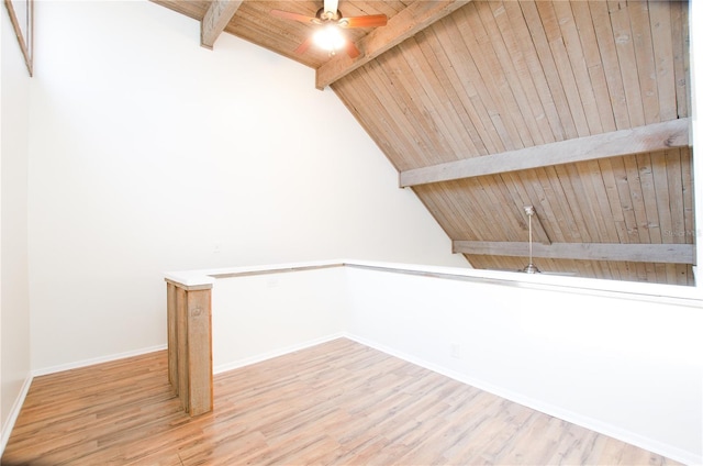 additional living space with wood ceiling, ceiling fan, beam ceiling, high vaulted ceiling, and light wood-type flooring