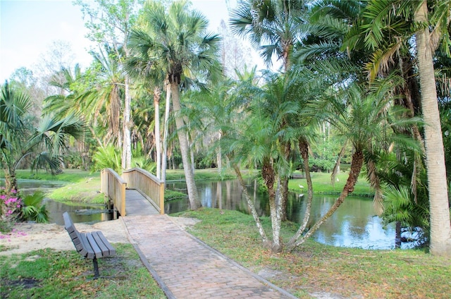 view of community with a water view