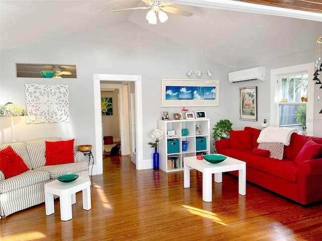 living room with ceiling fan, lofted ceiling, dark hardwood / wood-style flooring, and a wall mounted AC