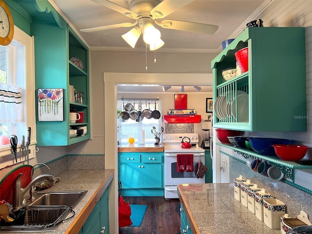 kitchen featuring sink, dark hardwood / wood-style flooring, electric range, crown molding, and plenty of natural light