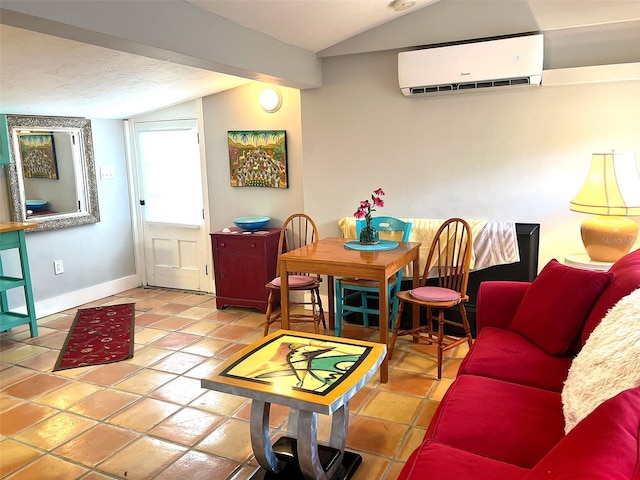 tiled living room featuring lofted ceiling and an AC wall unit