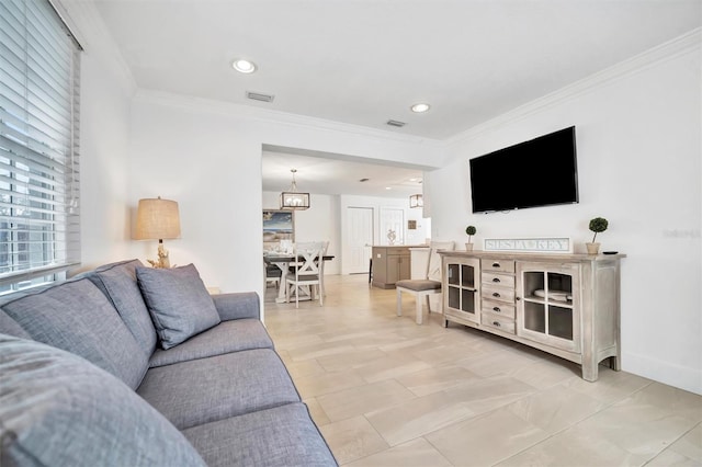 living room with crown molding