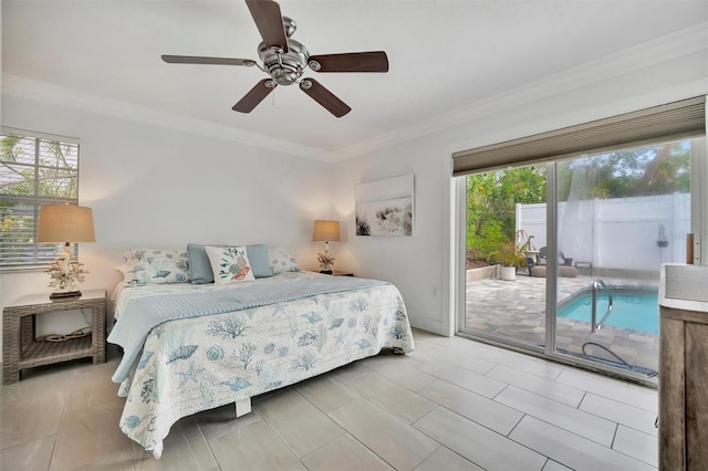 bedroom with crown molding, ceiling fan, and access to outside