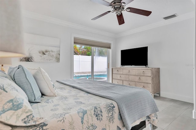 bedroom with light tile patterned floors, access to outside, ornamental molding, and ceiling fan