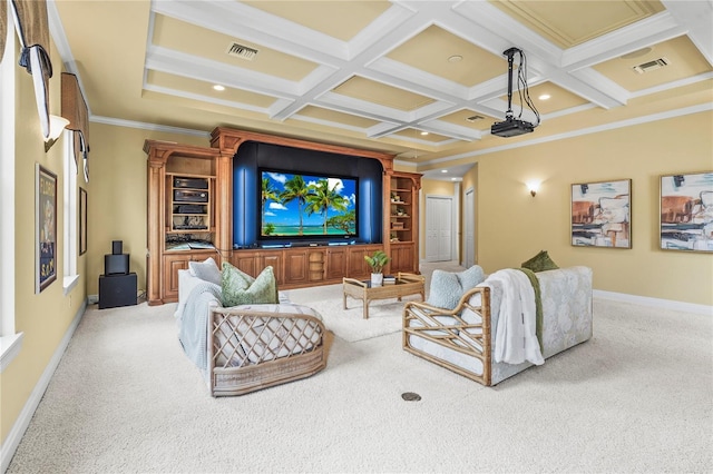 home theater featuring ornamental molding, coffered ceiling, visible vents, and light colored carpet