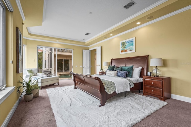 bedroom featuring visible vents, baseboards, access to outside, ornamental molding, and carpet