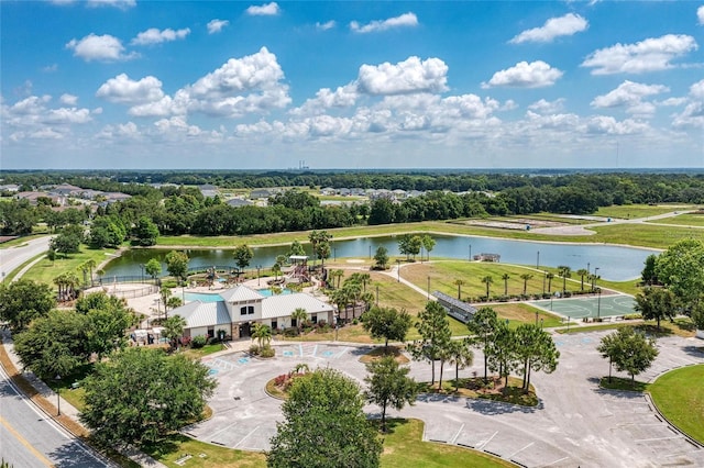 drone / aerial view with a water view