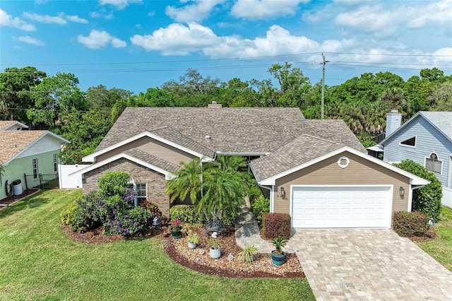 view of front of house with a garage and a front lawn