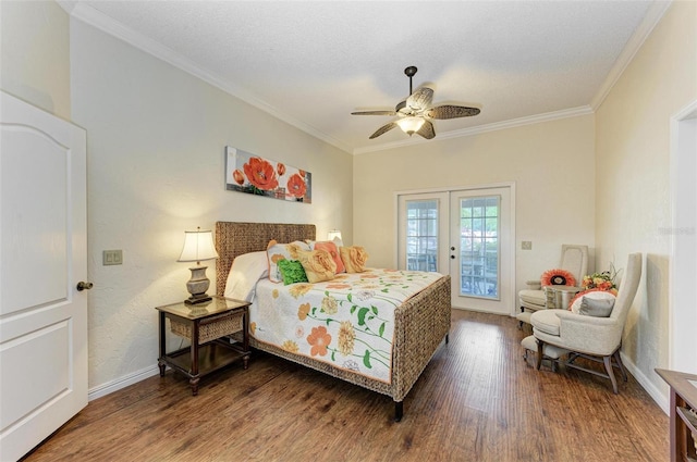 bedroom featuring access to exterior, dark wood-type flooring, ornamental molding, and french doors