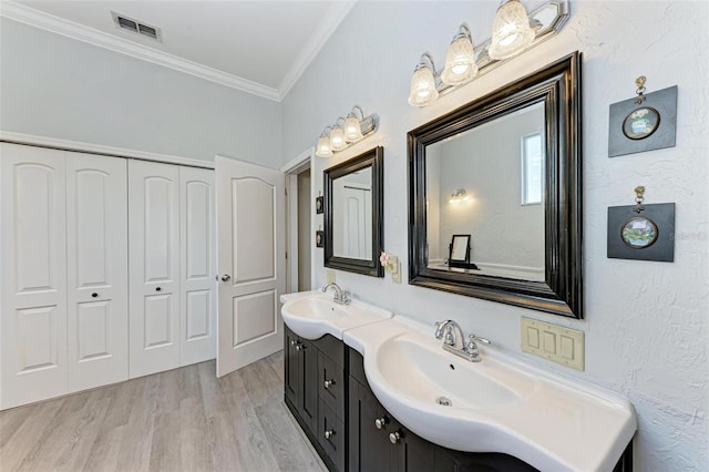 bathroom featuring ornamental molding, wood-type flooring, and vanity