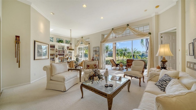 carpeted living room featuring a high ceiling and crown molding