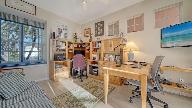 office area featuring ceiling fan and light wood-type flooring