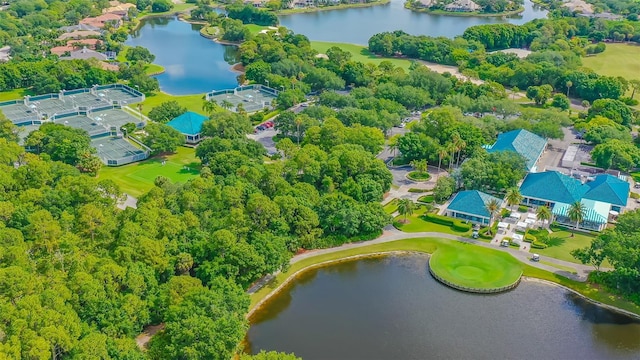 birds eye view of property with a water view