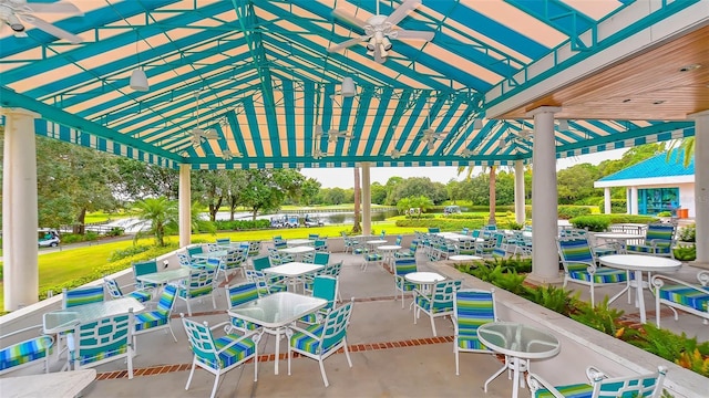 view of patio with a water view