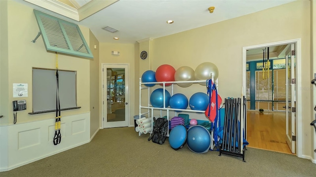 workout area with carpet floors