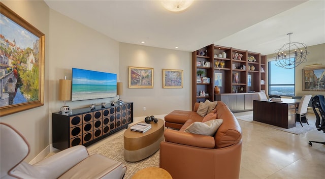 living room with a chandelier