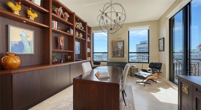 office featuring an inviting chandelier