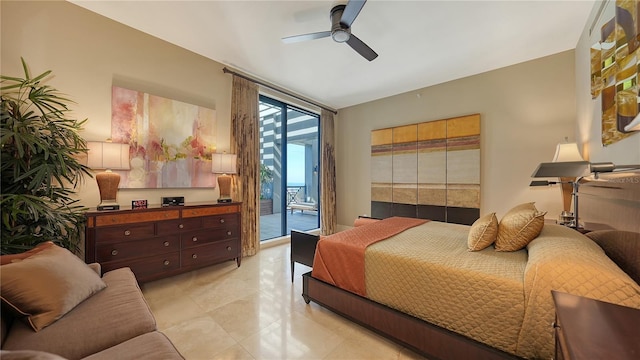 bedroom featuring floor to ceiling windows, access to exterior, and ceiling fan