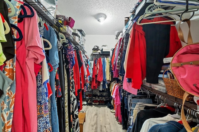 walk in closet with light hardwood / wood-style flooring