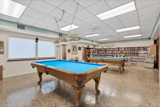 recreation room with a drop ceiling and billiards