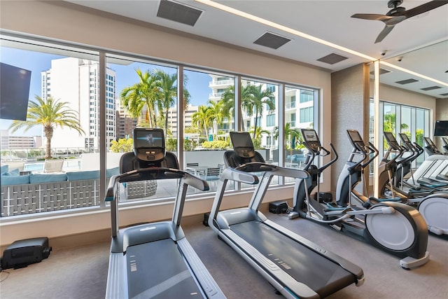 gym featuring ceiling fan