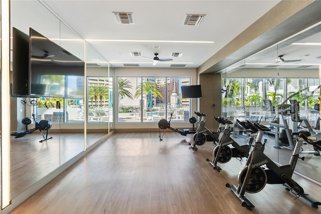 gym with ceiling fan and light hardwood / wood-style floors