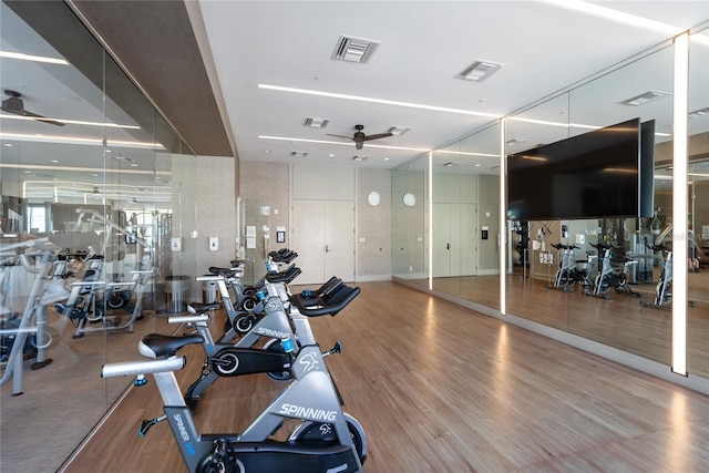 exercise room featuring hardwood / wood-style flooring and ceiling fan