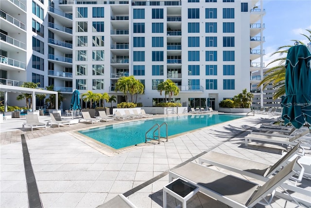 view of swimming pool with a patio area