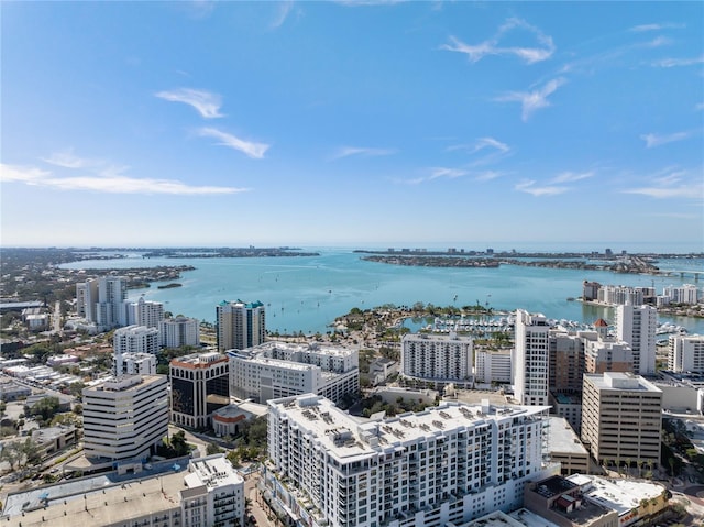 birds eye view of property with a water view