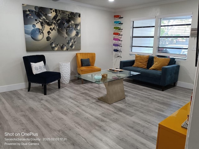 living area featuring crown molding and wood-type flooring