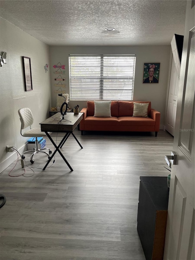 living room with light hardwood / wood-style flooring, plenty of natural light, and a textured ceiling