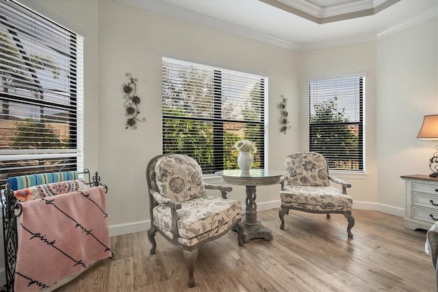 living area with a tray ceiling, light hardwood / wood-style flooring, and ornamental molding