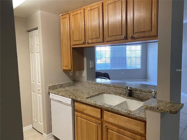 kitchen with sink, kitchen peninsula, dishwasher, and stone counters