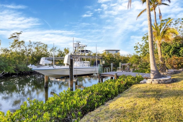 dock area featuring a water view and a yard