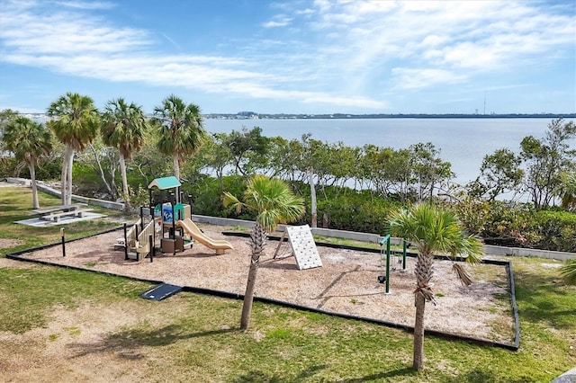 view of playground featuring a water view