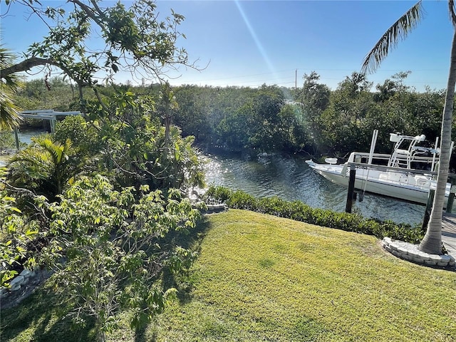 view of dock featuring a water view and a yard