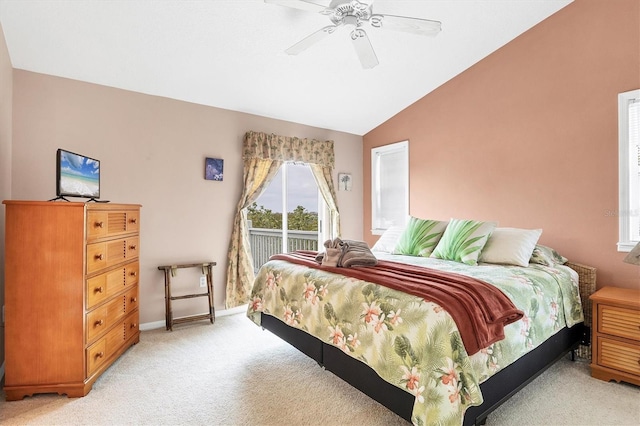 bedroom featuring vaulted ceiling, light carpet, access to exterior, and ceiling fan