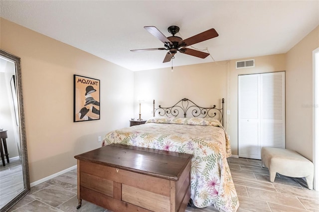 bedroom featuring ceiling fan and a closet