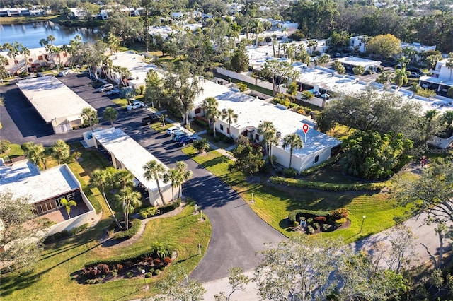 bird's eye view with a water view