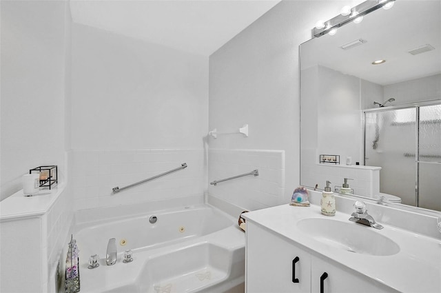 full bathroom with independent shower and bath, vanity, and toilet