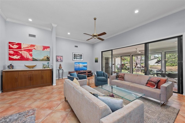 living room featuring crown molding, light tile patterned flooring, and ceiling fan