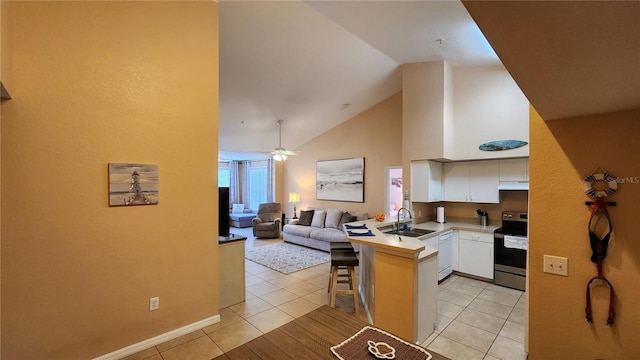 kitchen featuring white cabinetry, sink, a kitchen breakfast bar, kitchen peninsula, and stainless steel electric range