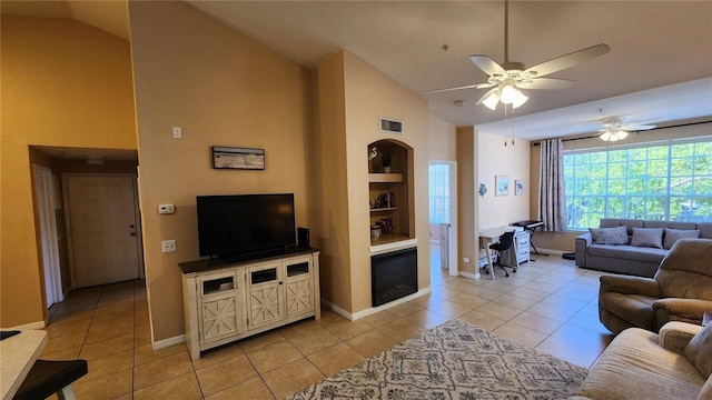 living room featuring light tile patterned floors, a fireplace, built in features, and high vaulted ceiling