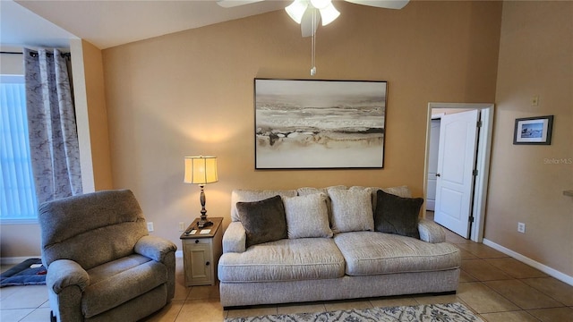 tiled living room featuring ceiling fan