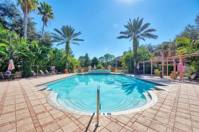 view of swimming pool featuring a patio area