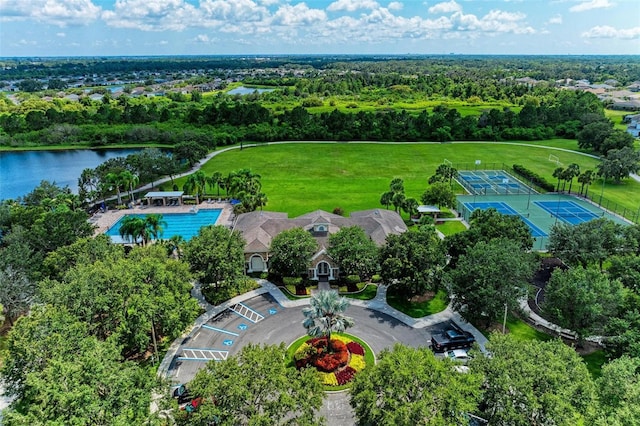 drone / aerial view with a water view