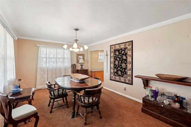 carpeted dining area with ornamental molding and a notable chandelier