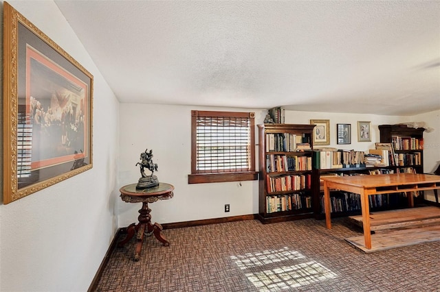 carpeted home office featuring a textured ceiling